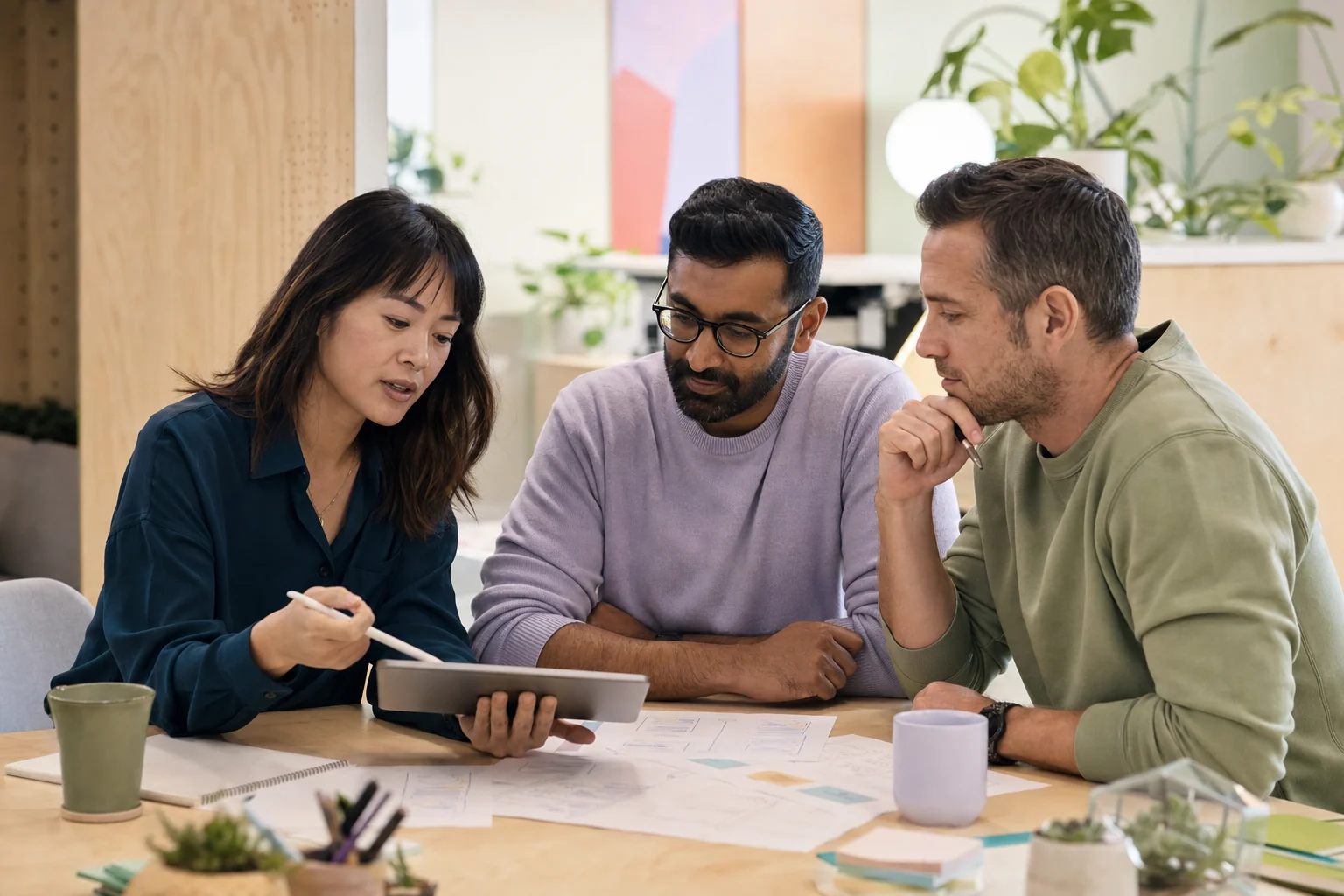 A software product team reviewing a project plan together